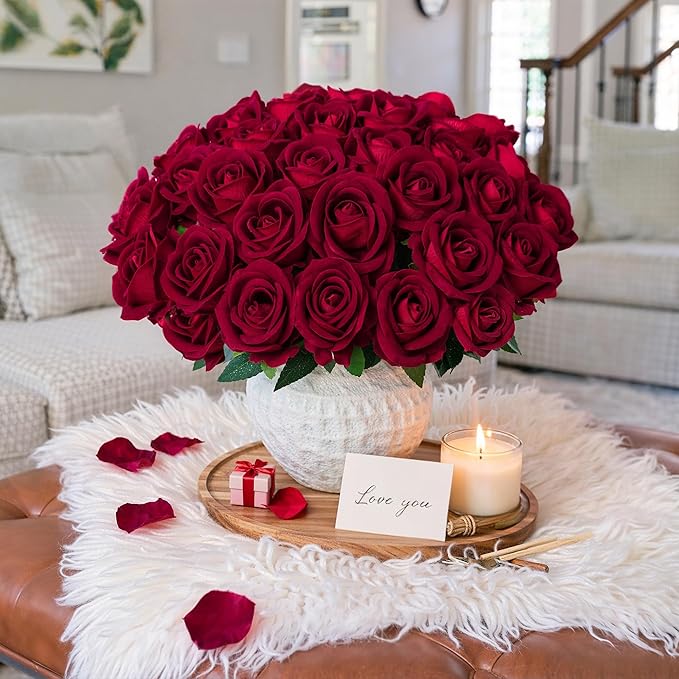 50 PCS Burgundy Roses Artificial Flowers, Fake Roses with Stem Realistic Silk Roses for DIY Wedding Bouquets Table Centerpieces Arrangements Baby Shower Birthday Home Decor Valentines Day Gift for Her