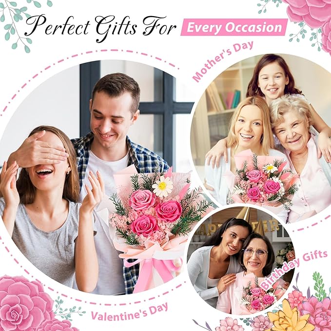 Flowers for Delivery Prime, Mothers Day Gifts for Mom,Preserved Flowers Bouquets, Pink Rose Birthday Gift for Women Wife Girlfriend Grandma, Real Forever Flower for Valentines Day Anniversary