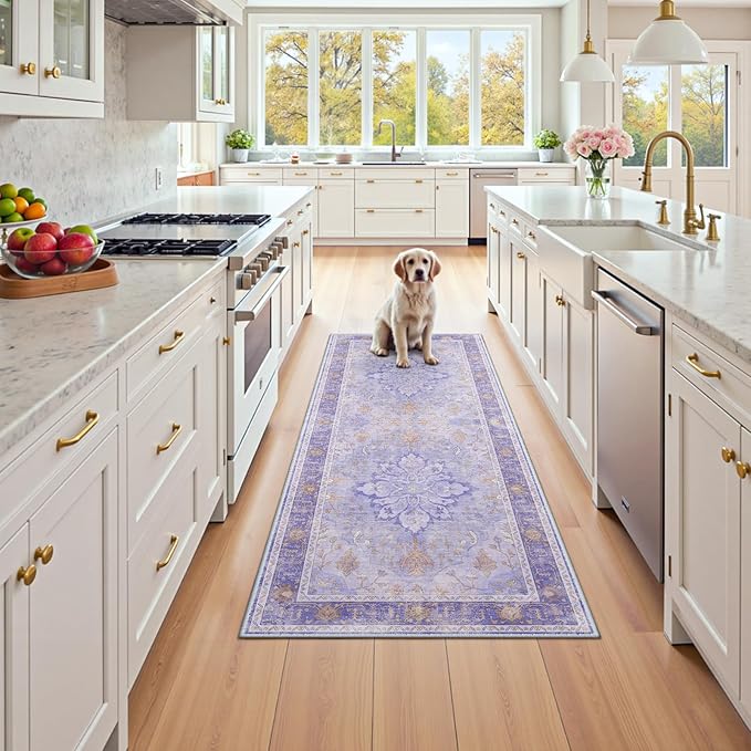 RELEANY Area Rugs 2'x6' Runner Rug Non Slip Washable for Kitchen Hallway Bedroom Beside Laundry Room Bathroom Rug, Floor Carpet, Light Purple Brown