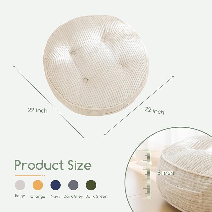 HIGOGOGO 6" Extra Thick Floor Pillow Cushion for Adults, Meditation Cushion Pillow, Large Round Floor Sitting, Tufted Corduroy Cover, for Tatami Living Room or Yoga, 22x22 Inch, Beige