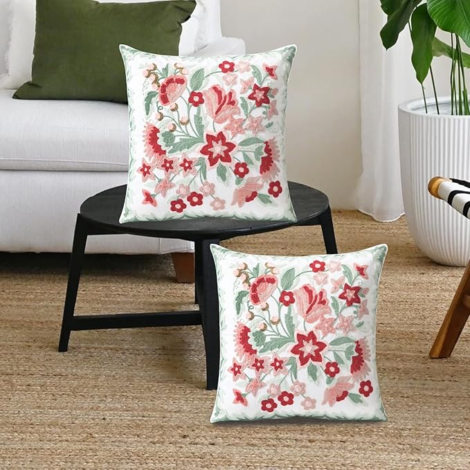 Set of 2 Embroidered Decorative Throw Pillow Covers Couch Square Pillowcases Cushion for Bedroom Sofa Farmhouse Decor 18x18 Inch (Angel Flower)