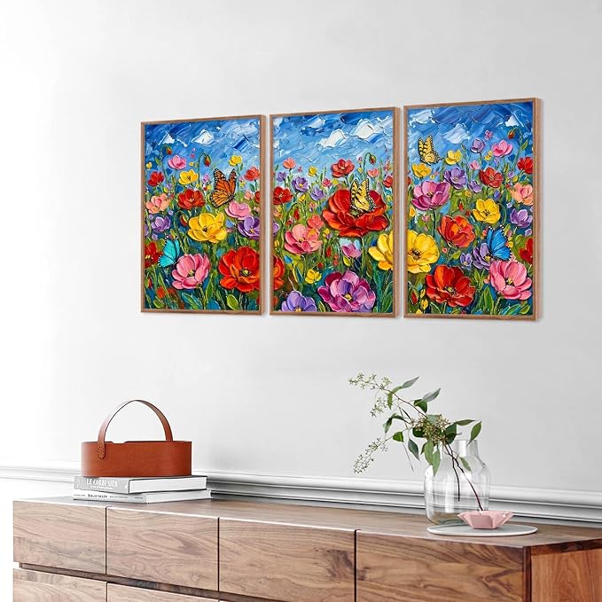 CHDITB 3D Textured Impasto Floral Poppy Framed Canvas Wall Art Set,Modern Butterfly Wildflower Country Wall Decor,Vibrant Colorful Spring Flower Art Prints for Living Room Bedroom Farmhouse 16"x24"x3
