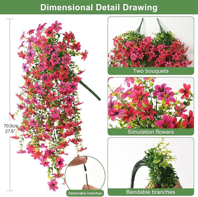 ZFProcess Artificial Hanging Flowers Plants for Outdoor Spring Summer Decoration, 2PCS Faux Silk Daisy UV Resistant Look Real for Outside Home Indoor Planter Porch Garden Yard Decor(Rose Red Fuchsia)