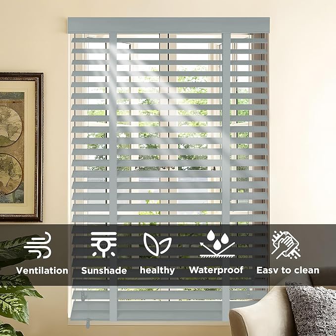 2" Slats Wood Blinds for Indoor Windows: Solid Wooden Blackout Blinds & Shades,Black Out Privacy Horizontal Blinds for Home Bedroom Bathroom Living Room Windows and Doors Gray