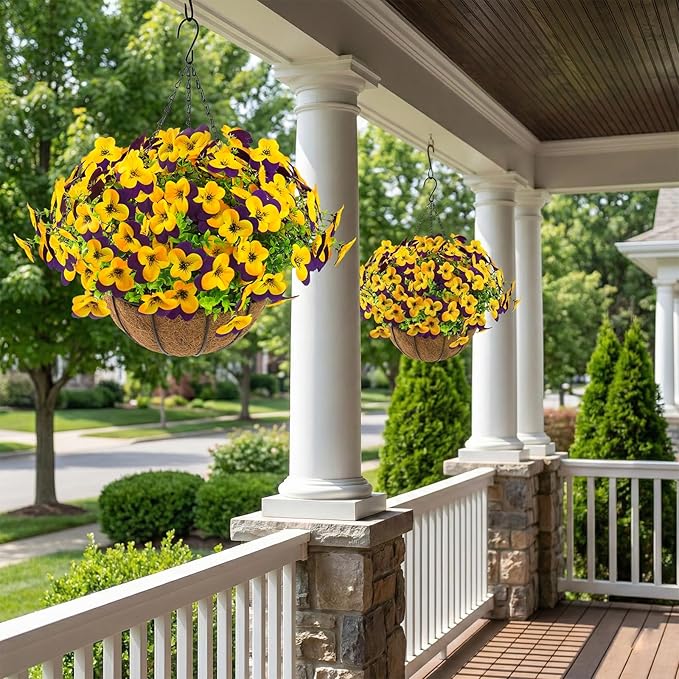 lovemoon 2 Set Artificial Outdoor Pansies Flowers with Hanging Baskets, 2 Hanging Planters with 24 Pcs Silk Pansy Flowers for Spring Easter Decorations Porch Patio Home Decor (2, Purple, Yellow)