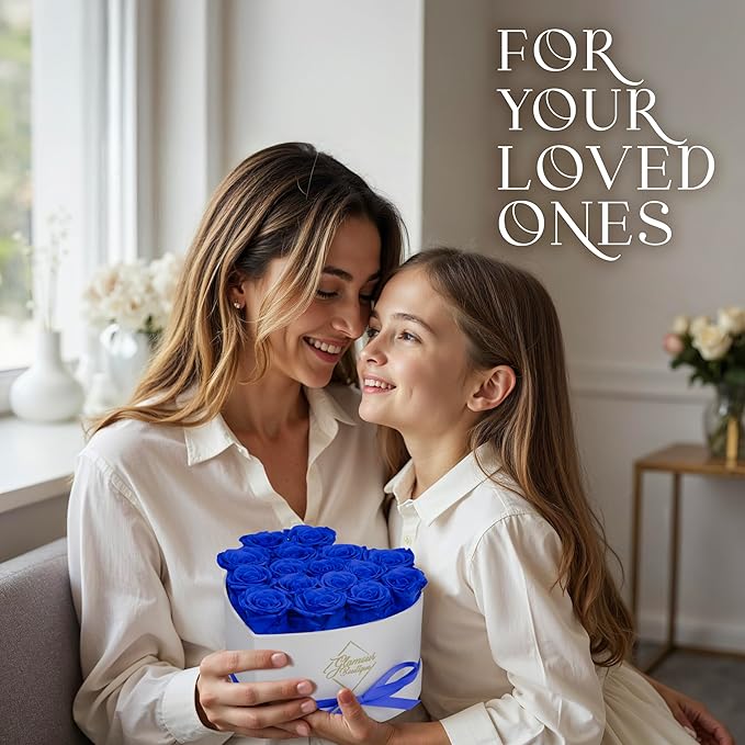 GLAMOUR BOUTIQUE Preserved Roses in a Box - Gifts for Her, Wife & Mom, Rose Flowers Forever Decor for Birthday Gift, Get Well Flower Bouquet Cased in White Box with Cover, Blue, 16 (Color-Treated)