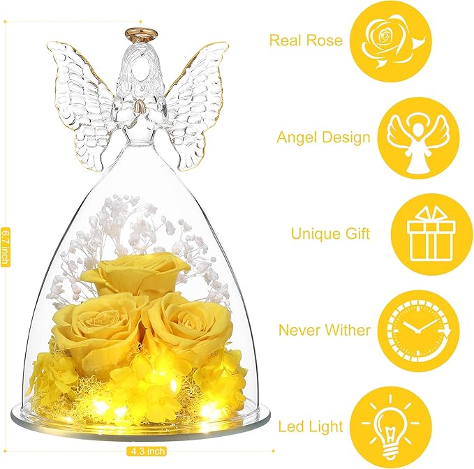 Mothers Day Rose Gifts for Women Preserved Real Flower in Glass Angel Figurines Roses for Delivery Prime Birthday Gifts for Mom Grandma Girlfriend Wife Her, Yellow