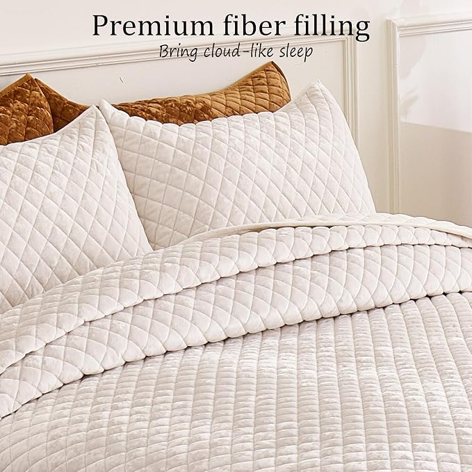 Velvet Oversized King Quilt Size Set 120x120 Luxury Ultra Soft Bedspread Coverlet 3-Piece King Comforter Sets with 2 Pillow Shams 20x36 Cozy All Seasons Velvet Bedding Set, Cream White
