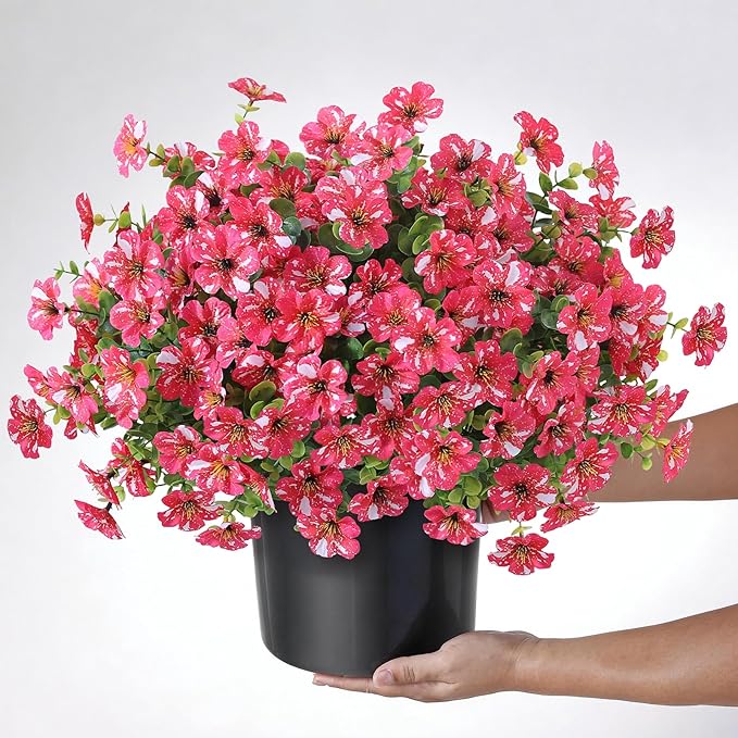 Artificial Morning Glory & Eucalyptus Topiary Trees - Set of 2 Faux Silk Flower Potted Plants, UV-Resistant Fake Outdoor Morning Glory Bushes for Front Door, Yard, Farmhouse, Garden Decor (Rose Red)