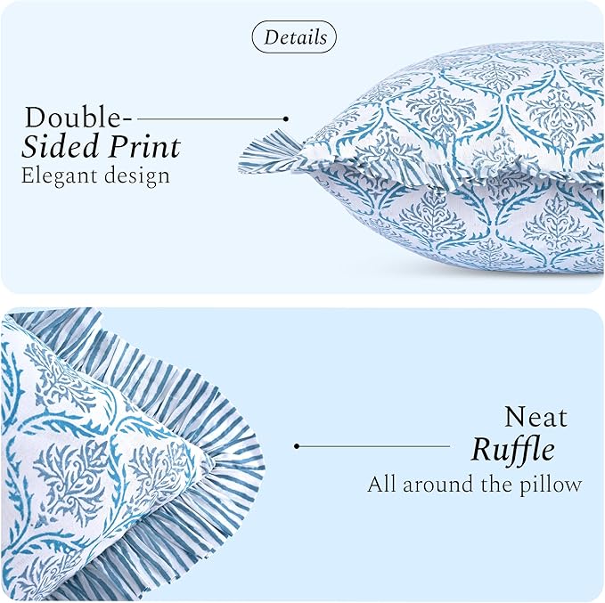 CPC Indigo Regal Hand Block Print 100% Cotton Ruffle Throw Pillow Cover 18x18 inch with Hidden Zipper Decorative for Couch, Bed, Sofa, Farmhouse, Cottagecore Decor Gift Christmas Fall Thanksgiving