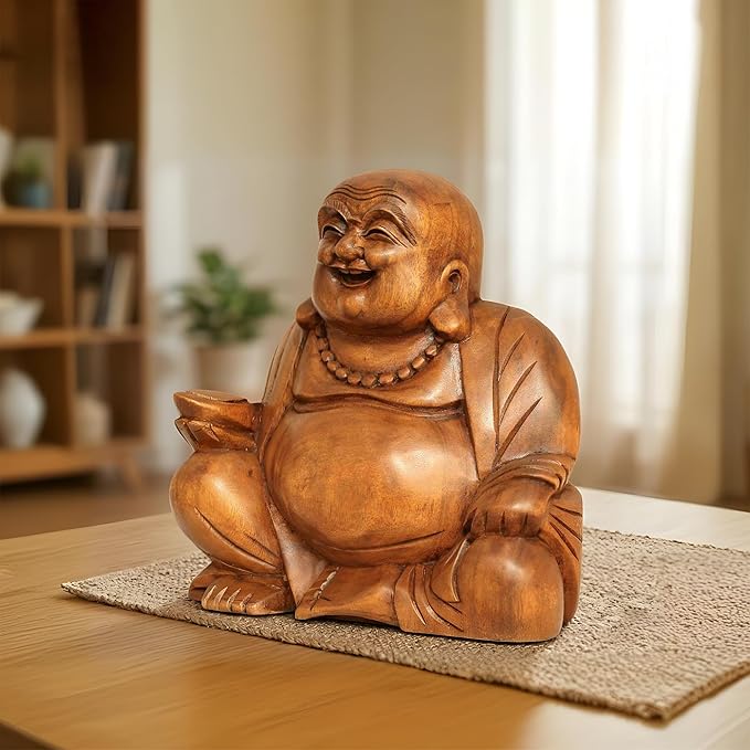 G6 Collection 8" Wooden Laughing Happy Buddha Statue Hand Carved Smiling Sitting Sculpture Handmade Figurine Decorative Home Decor Accent Rustic Handcrafted Art Decoration Happy Buddha (Small)