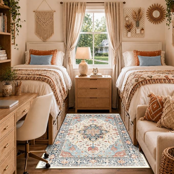 RELEANY Area Rugs 5'x7' Washable Non-Slip, Floral Vintage Distress Medallion Carpet for Living Room Bedroom Dining Room, Beige Navy Blue Orange Colorful