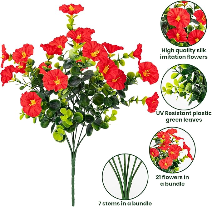 Nigirior Artificial Faux Flowers for Outdoor 16 Bundles Boxwood Fake Morning Glory for Planter,UV Resistant Fake Flowers for Home Porch Patio Outside（Red）