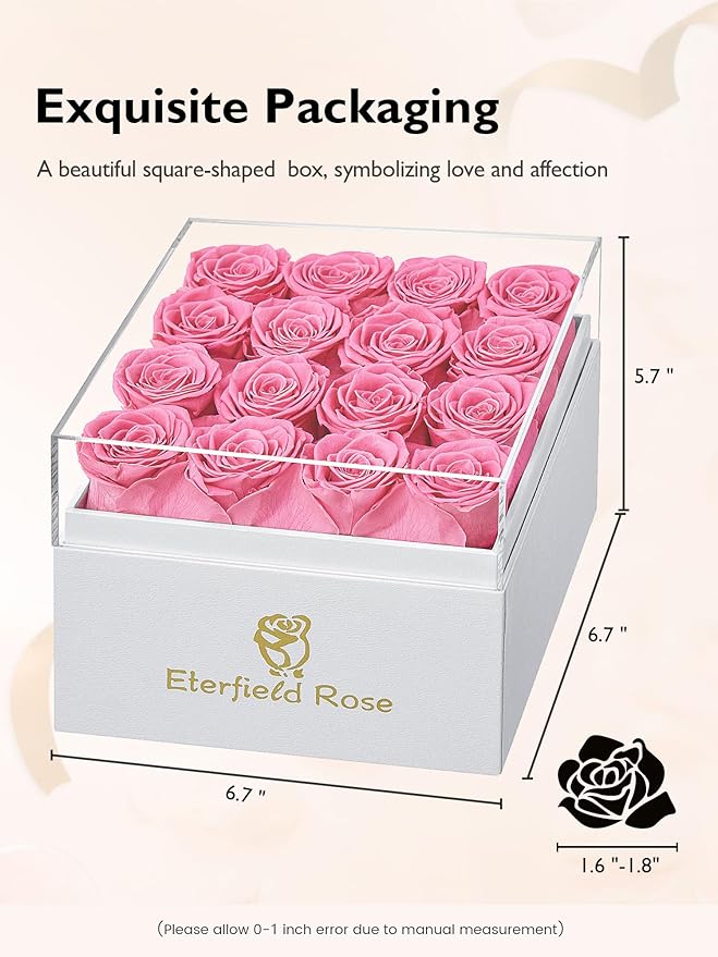 Eterfield Forever Flowers Preserved Roses Real Roses that Last Over a Year Rose Box Gifts for Her Mothers Day Valentines Day Christmas (Square White Box, 16 Pink Roses)
