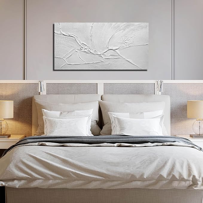 Modern Hand Painted Wall Art for Dining Room White Pictures for Bedroom Abstract Living Room Wall Decor Size 24 x 47 Inch