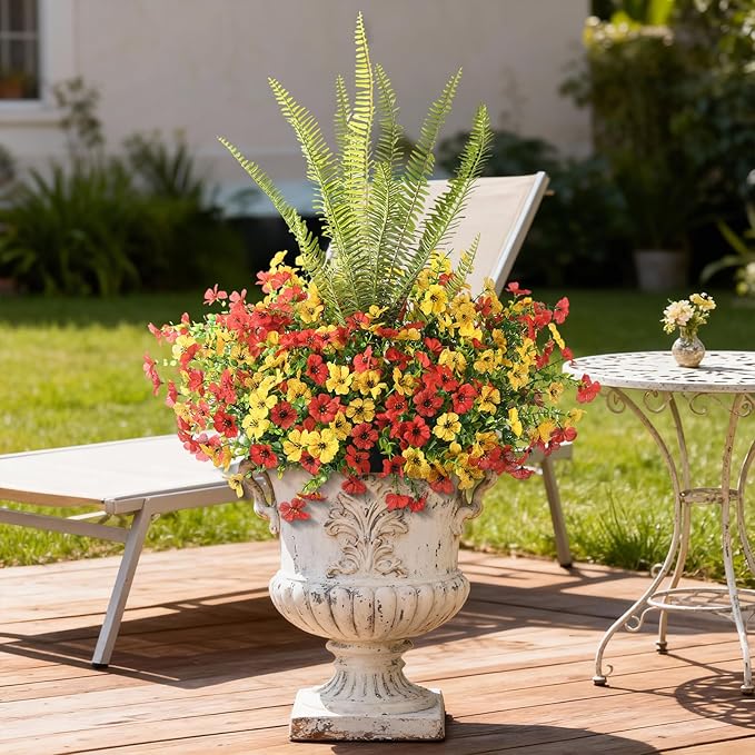 INQCMY Artificial Flowers for Outdoor 12 Pcs Faux Silk Daisy and 1 Pcs Fake Long Leaved Grass UV Resistant Tall Ferns for Home Doorway Courtyard Garden Backyard Decorative