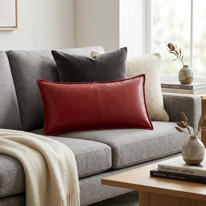 Genuine Leather Pillow Cover Case for Lumbar Throw Couch Pillows - Modern Farmhouse Decorative Sofa Thick & Soft Cushion Covers (Red, 12" x 20")