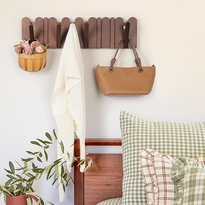 Wall Coat Rack for Entryway: Wooden Modern Heavy Duty 8 Hooks 21.6'' Retractable Wall Mounted for Mid Century Home Decor Hallway Bathroom Bedroom for Hanging Jacket Towel Backpack Bag