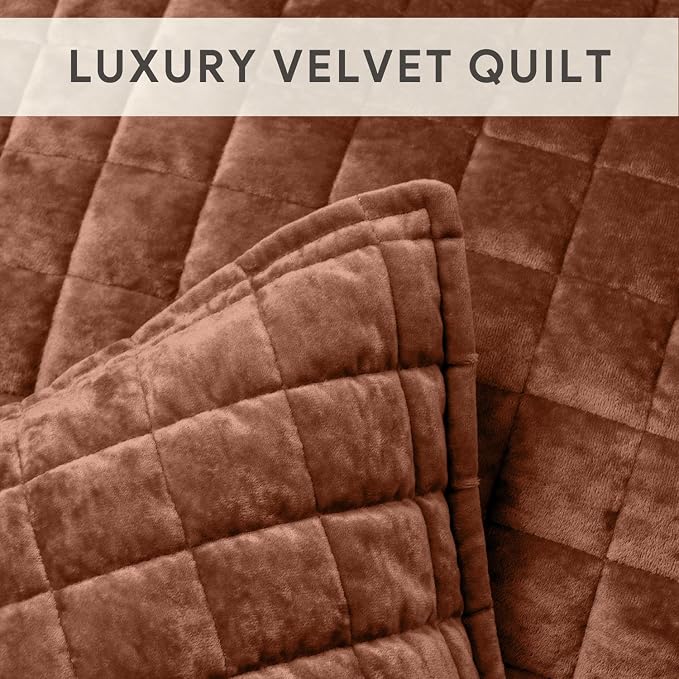 RECYCO Luxury Velvet Quilt Set King Size Bedding Sets, Ultra Soft Velvet Comforter Set, Lightweight Channel Box Stitch Oversized Bedspread Coverlet for All Season, with 2 Shams, Terracotta