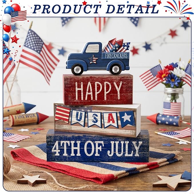 CroBlissful 4 Pcs 4th of July Decorations Patriotic Memorial Day Tabletop Decorations Red White Blue Table Centerpieces Sign for Office Tiered Tray Home Shelf 250th Anniversary(Happy Usa)