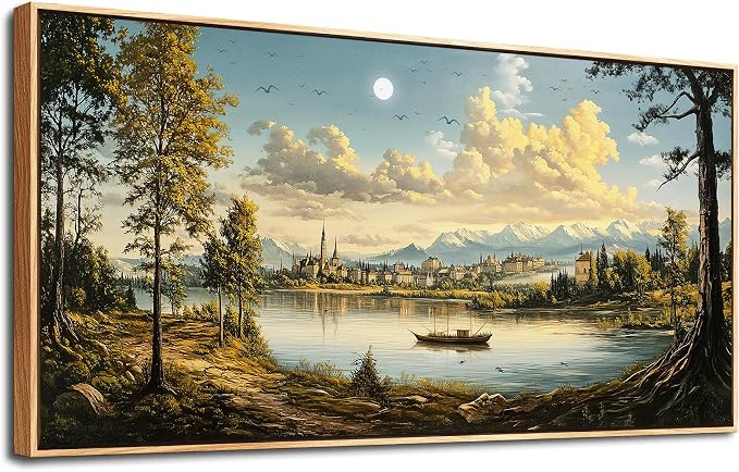 XIGUANGART Large Framed Wall Decor, Landscape Wall Art, Ocean Nature Wall Art, Riverside Farm Canvas Art Prints,Vintage Rustic Farmhouse Wall Decor Paintings for Living Room Bedroom Bathroom Kitchen
