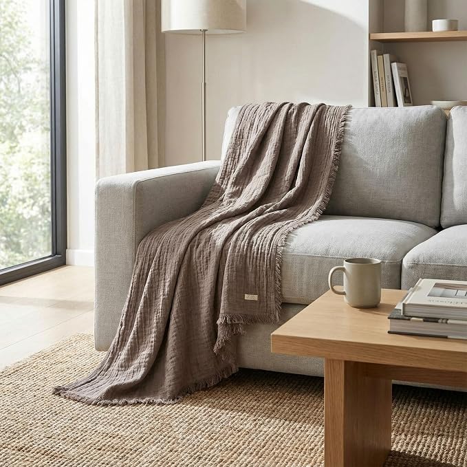 Frig Waffle Throw Blanket with Tassels - 50x66 Inch - 100% Turkish Cotton Tencel Breathable Blend Lightweight Blanket for Couch, Sofa, Bed