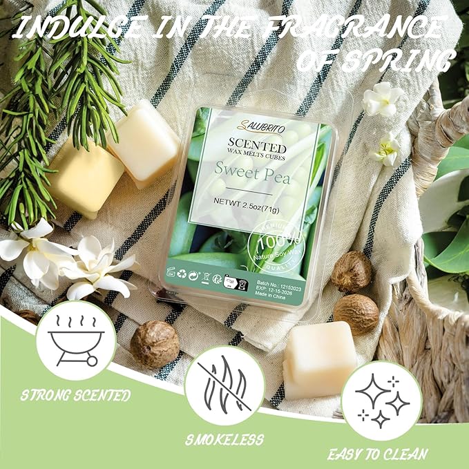 Salubrito Spring Scented Wax Melts, Strong Scented Soy Wax Cubes - Rain, Fresh Cut Grass, Ocean Breeze, Sweet Pea, Rose Geranium, Gardenias, Freesia, Bamboo, Variety Gift Set, 8x2.5oz