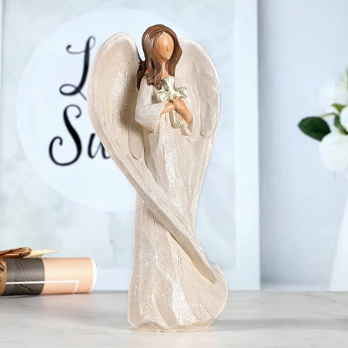 Hodao Cross Angel Figurine Gift, Hand-Painted Resin Guardian Angel Holding Cross, All-Season Meaningful Gift for Mom, Valentine’s Day Love, Easter Blessings & Year-Round Home Decor
