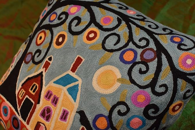 Turquoise Tree of Life Throw Pillow Cover | Karla Gerard Bird Pillows | Blue Flower Pillows | Plant Floral Chair Cushion | Flower Couch Pillow | Hand Embroidered Wool Size - 18x18