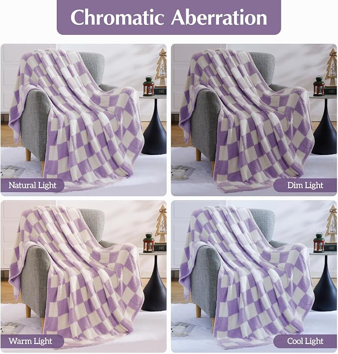 WRENSONGE Soft Checkered Throw Blanket for Couch-Cozy Warm Knitted Blankets | Lightweight Warm Fluffy Decor for Women, Mom, Her & Girls, Sofa, Chair, Bed, 50x70in, Purple