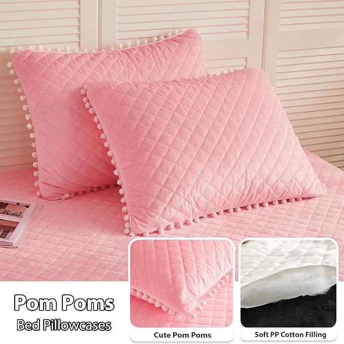LIFEREVO Luxury Plush Shaggy Duvet Cover Set, Soft Velvet Fluffy Furry Duvet Cover Set(1 Faux Fur Fuzzy Comforter Cover + 2 Pom Poms Pillowcases) Solid Bedding Set, Zipper Closure(Full/Queen, Pink)