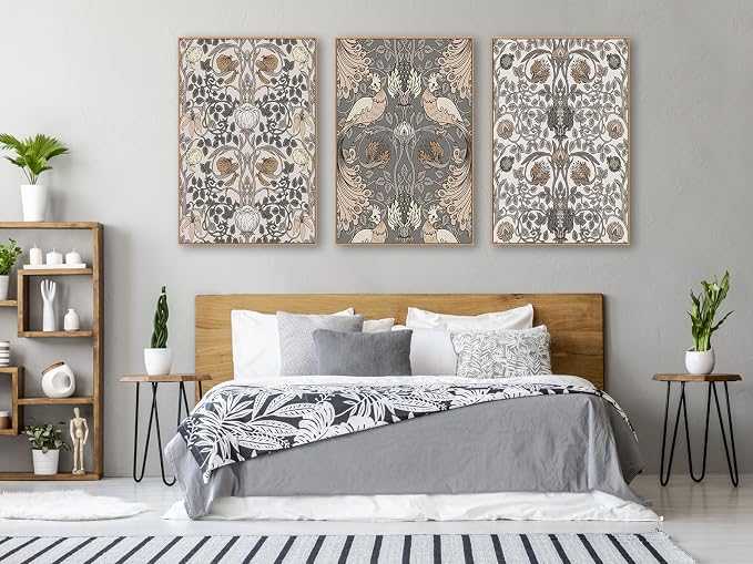 Large Retro Framed Wall Art - Natural Float Framed Vintage Flowers Canvas William Morris Painting Pictures Rustic Floral Pattern Prints Artwork for Living Room Bedroom Office Decor 72" X 36" Set of 3