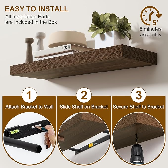Fun Memories Floating Shelves for Wall, 48Inch Long Floating Shelves Set of 2, Hanging Shelf with Invisible Brackets, Wood Shelves for Living Room, Bedroom, Kitchen, Walnut