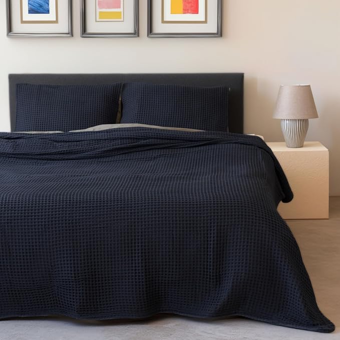 100% Turkish Cotton Waffle Throw Blanket King Size Black - Premium Quality, Light and Airy Waffle Weave All-Season Quilt - Lux Decorative Bedspread (Black, King Size 95" x 110" Inch)