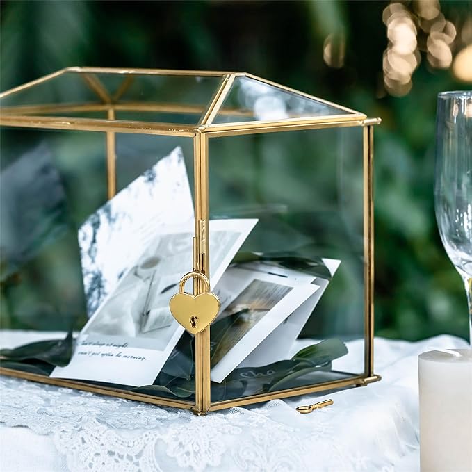 NCYP Small 10.2" x 5.9" x 7.9" Glass Cards Box with Slot and Lock for Wedding Reception - Home Birthdays Party Geometric Decorative, Gold - Slot Length 6.3 Inches (Glass Box Only)