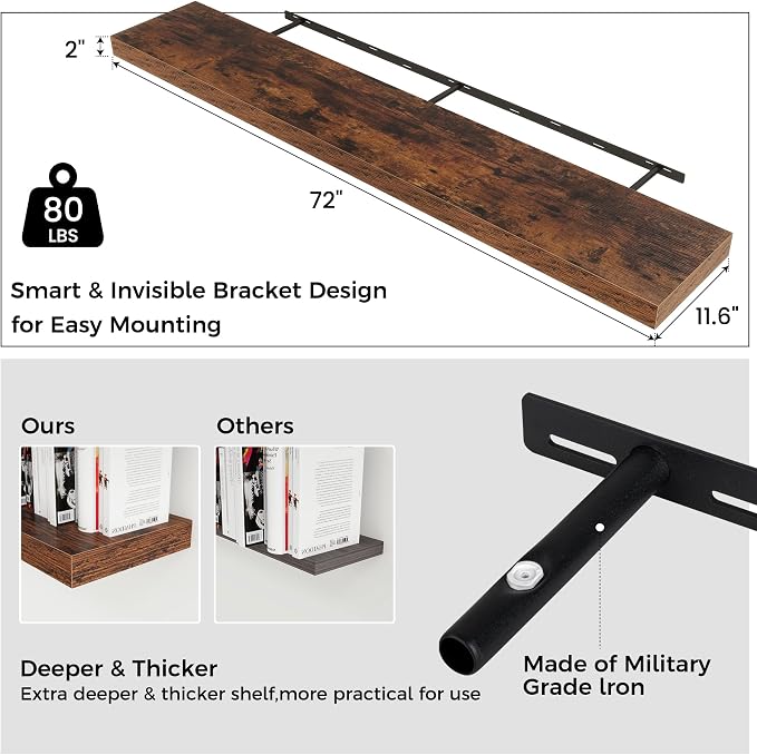 72" Wide x 12" Deep Floating Shelves for Wall, Rustic Brown, 1-Pack | Engineered Wood Wall Shelves with Invisible Brackets for Living Room, Bedroom, Bathroom, Office & Kitchen Storage