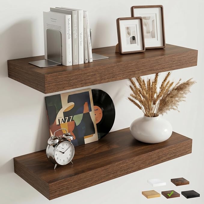 20 Inch Floating Shelves for Wall, 8"D Wood Storage Shelves, Walnut Finish | Engineered Wood, Invisible Bracket, Large Storage, Easy Install, Hold Up to 33lbs, Living Room, Bathroom, Bedroom, Kitchen