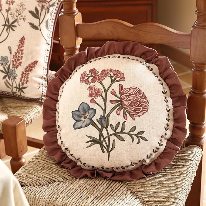 ISAENNE Designer Linen Throw Pillow Cover,Set of 2,Diameter 16"-Helena D | Vintage Elegant Round Decor Pillow Cover,Concealed Zipper Design,Floral Pattern,Sofas,Bedroom,Living Room,Lounge Chairs
