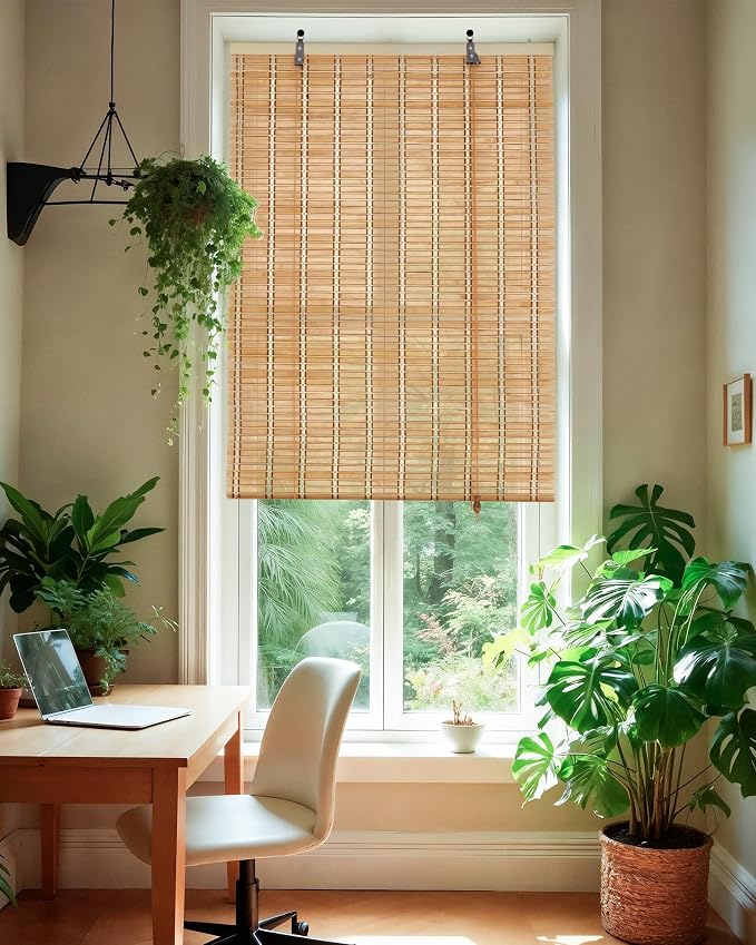 48" Wx72 H Bamboo Blinds Roller Shades for Indoor Windows, Blackout Bamboo Curtain Roll Up wiht Cord, Privacy Roman Shade for Interior/Exterior Windows, Mounting Hardware Included