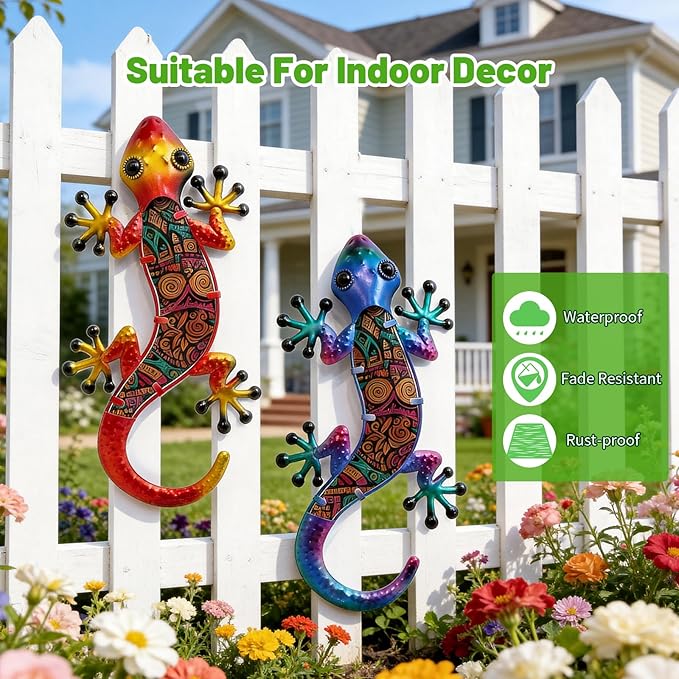HONGLAND Lizard Wall Decor- 15 Inch Gecko Metal Wall Art Hanging Glass Sculpture, 2 Pack Yard Decorations Outdoor for Garden Fence Home
