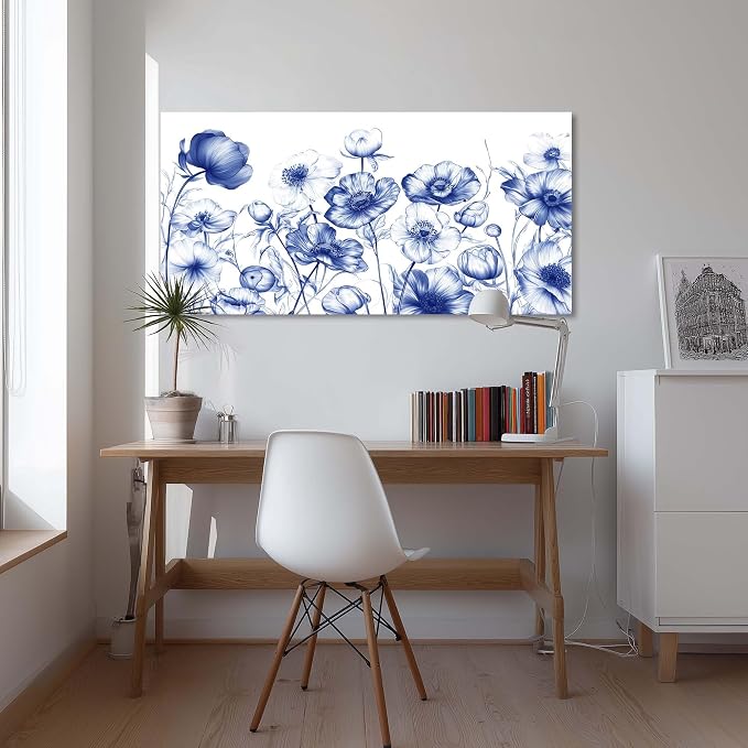 Ggaafet Navy Blue Sketch Flowers Wall Art for Bedroom Canvas Oil Painting Prints Beautiful Floral Blooming Art Deco Pretty Artwork Office Family Dining Room Decor