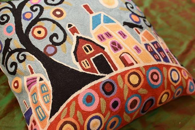 Turquoise Tree of Life Throw Pillow Cover | Karla Gerard Bird Pillows | Blue Flower Pillows | Plant Floral Chair Cushion | Flower Couch Pillow | Hand Embroidered Wool Size - 18x18