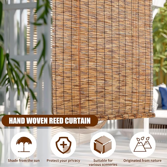 Reed Roller Blinds Shades, Vertical Lifting and Breathable Waterproof Design, Sun Shade and Ventilation, Easy Installation,35" Wx64 H