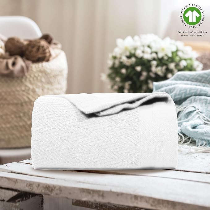THREAD SPREAD Organic GOTS Cotton Blanket, Full/Queen - 350 GSM, Antistatic, Fuzzy Soft, Lightweight, Sofa, Camping & Travel, Perfect Herringbone All Seasons Throw, White with Free Tote Bag