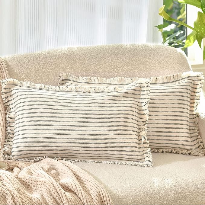 ZWJD Throw Pillow Covers 12x20 Set of 2 Striped Pillow Covers with Fringe Chic Cotton Decorative Pillows Square Cushion Covers for Sofa Couch Bed Living Room Farmhouse Decor, (Gray)