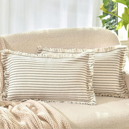 ZWJD Throw Pillow Covers 12x20 Set of 2 Striped Pillow Covers with Fringe Chic Cotton Decorative Pillows Square Cushion Covers for Sofa Couch Bed Living Room Farmhouse Decor, (Gray)