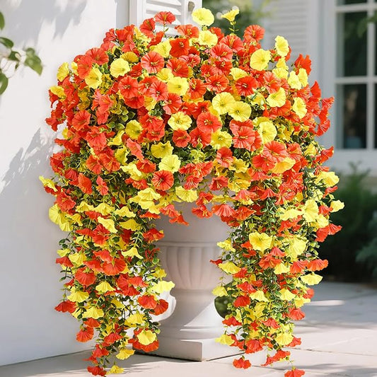 Serwalin Artificial Hanging Flowers for Outdoors Decoration, 4PCS UV Resistant Silk Artificial Fake Plants Outdoor for Porch Patio Balcony Indoor Planter Yard Decor (Orange&Yellow,4PCS)