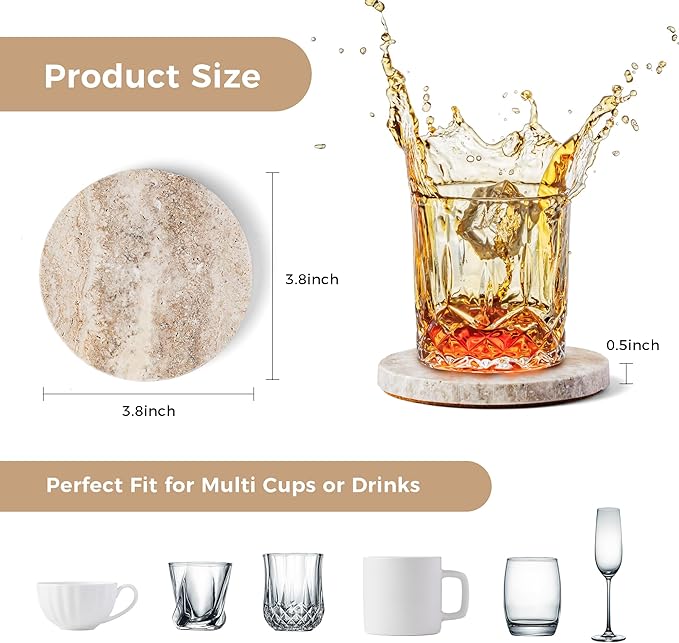 WORHE Marble Coaster for Drinks 4" Diameter Set of 4 Round Travertine Coasters for Home Decor Office Parties Birthday Housewarming Gift, Protect Countertops from Dirty,Sturdy and Tough Gray (WH056)