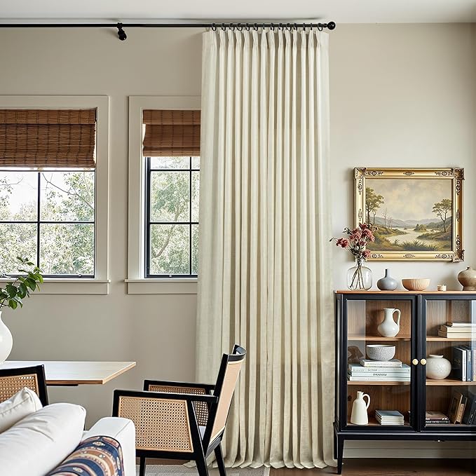 Pinch Pleated Linen Curtains 86 Inch Length 2 Panels for Living Room Bedroom Lightweight Light Filtering Semi Sheer Pleat Drapes with Hooks Rings Primitive Custom Window Curtain 40x86 Long Beige Tan
