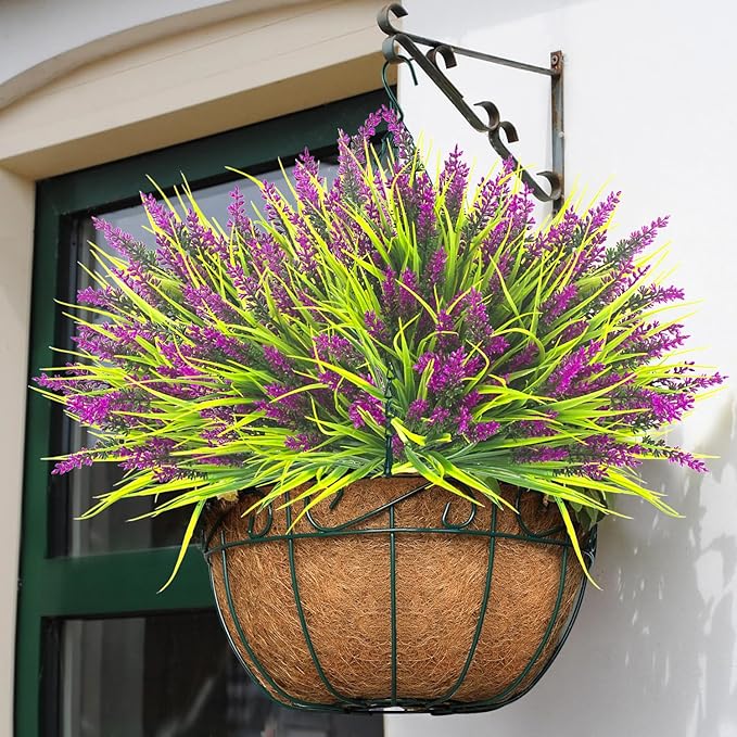 Grunyia 20 Bundles Artificial Plants Outdoor Fake Monkey Grass with Flowers (Fuchsia)